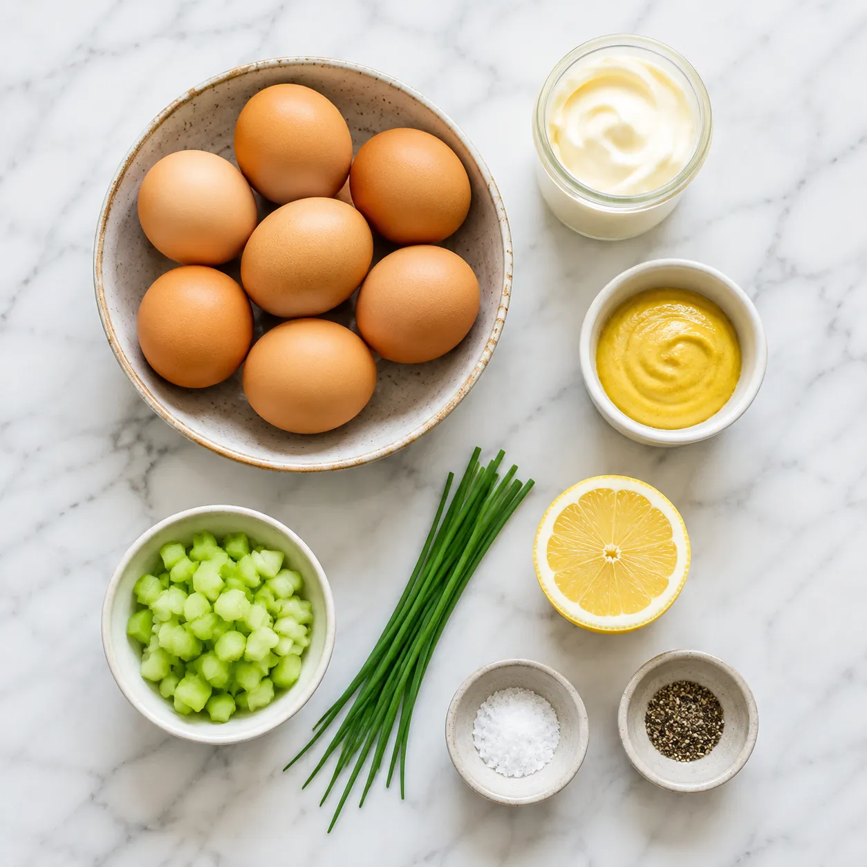 Egg salad recipe ingredients flatlay with eggs, mayo, Dijon, celery and chives