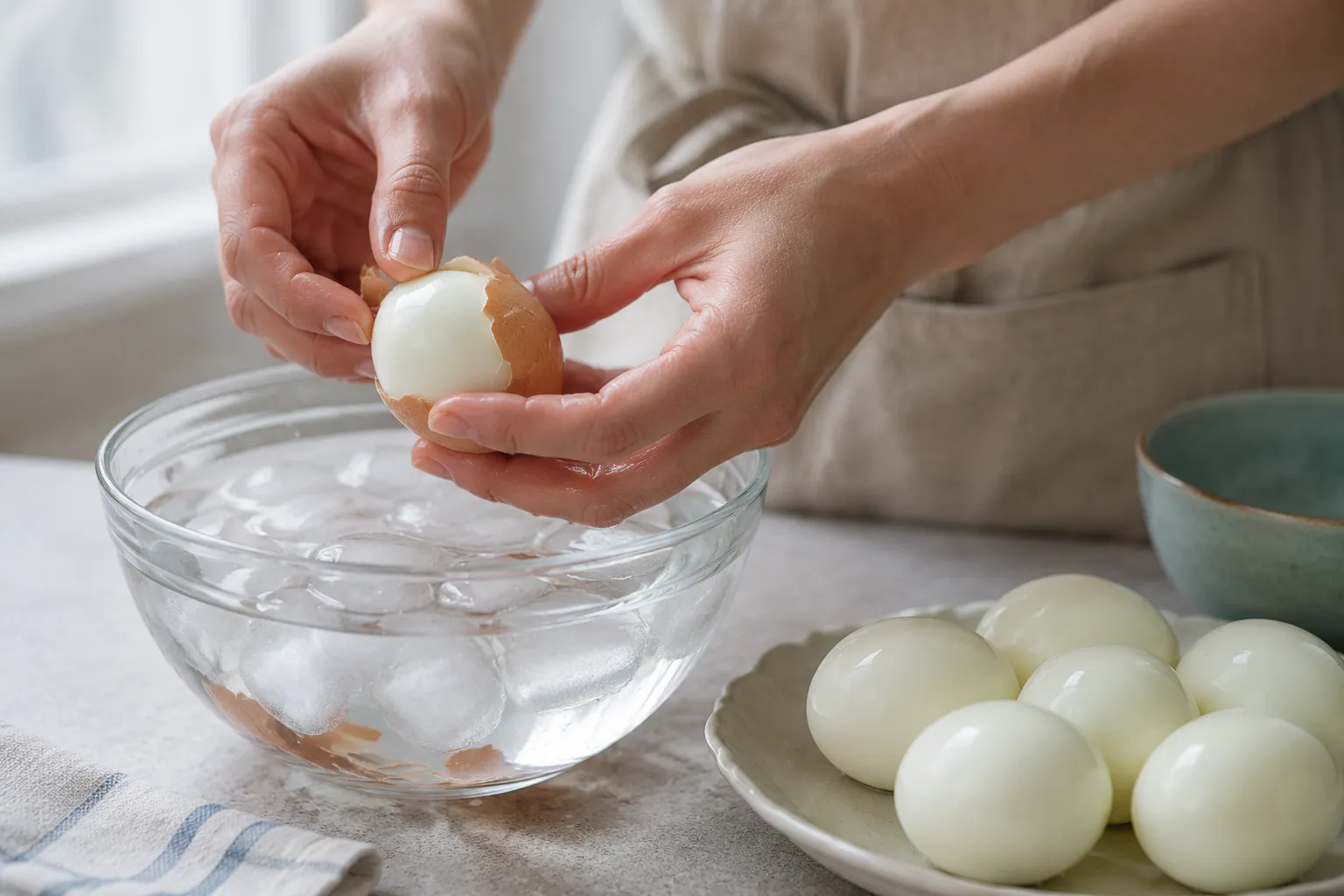 Peeling hard-boiled eggs for classic egg salad recipe