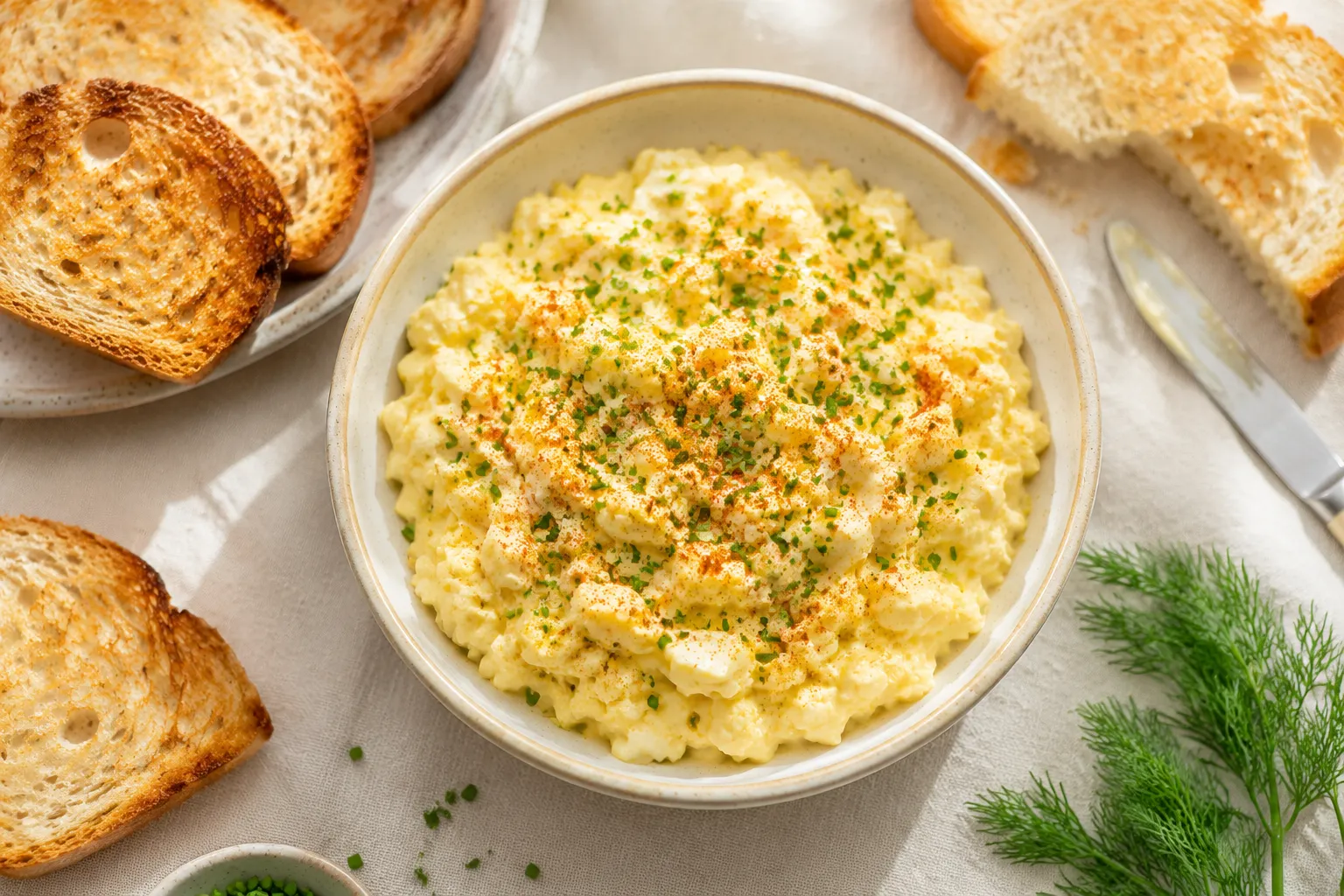 Finished egg salad recipe in ceramic bowl topped with chives and paprika