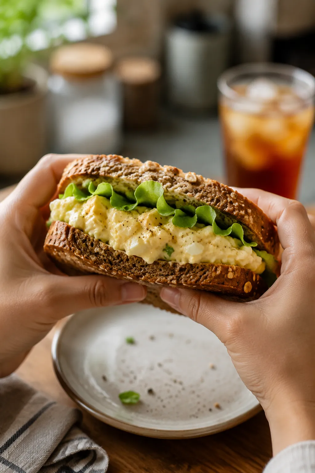 Hands holding egg salad sandwich on seeded bread with lettuce