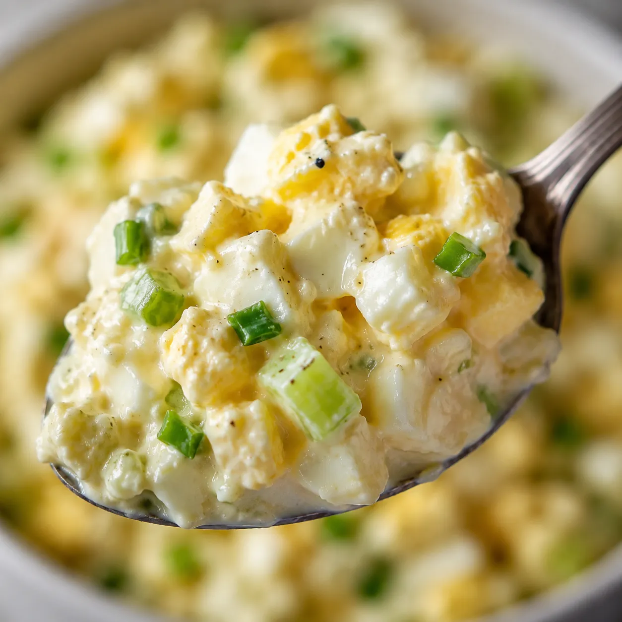 Close-up of creamy egg salad texture on a spoon