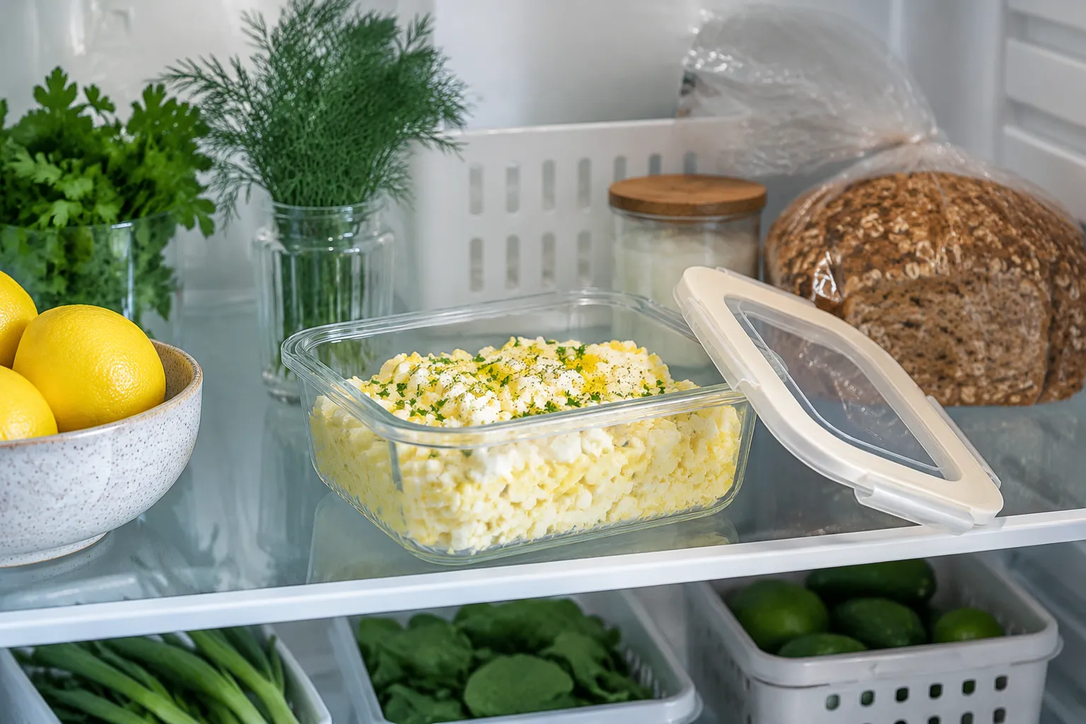 Egg salad recipe stored in glass meal prep container for the fridge