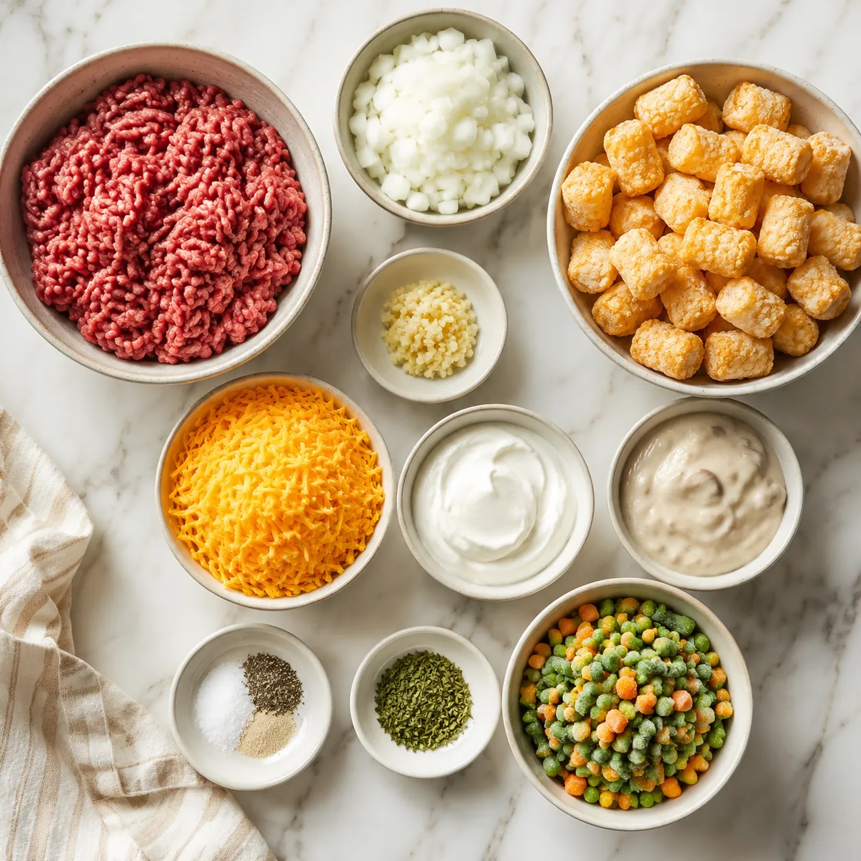Ingredients for hamburger tater tot casserole laid out on a marble countertop.