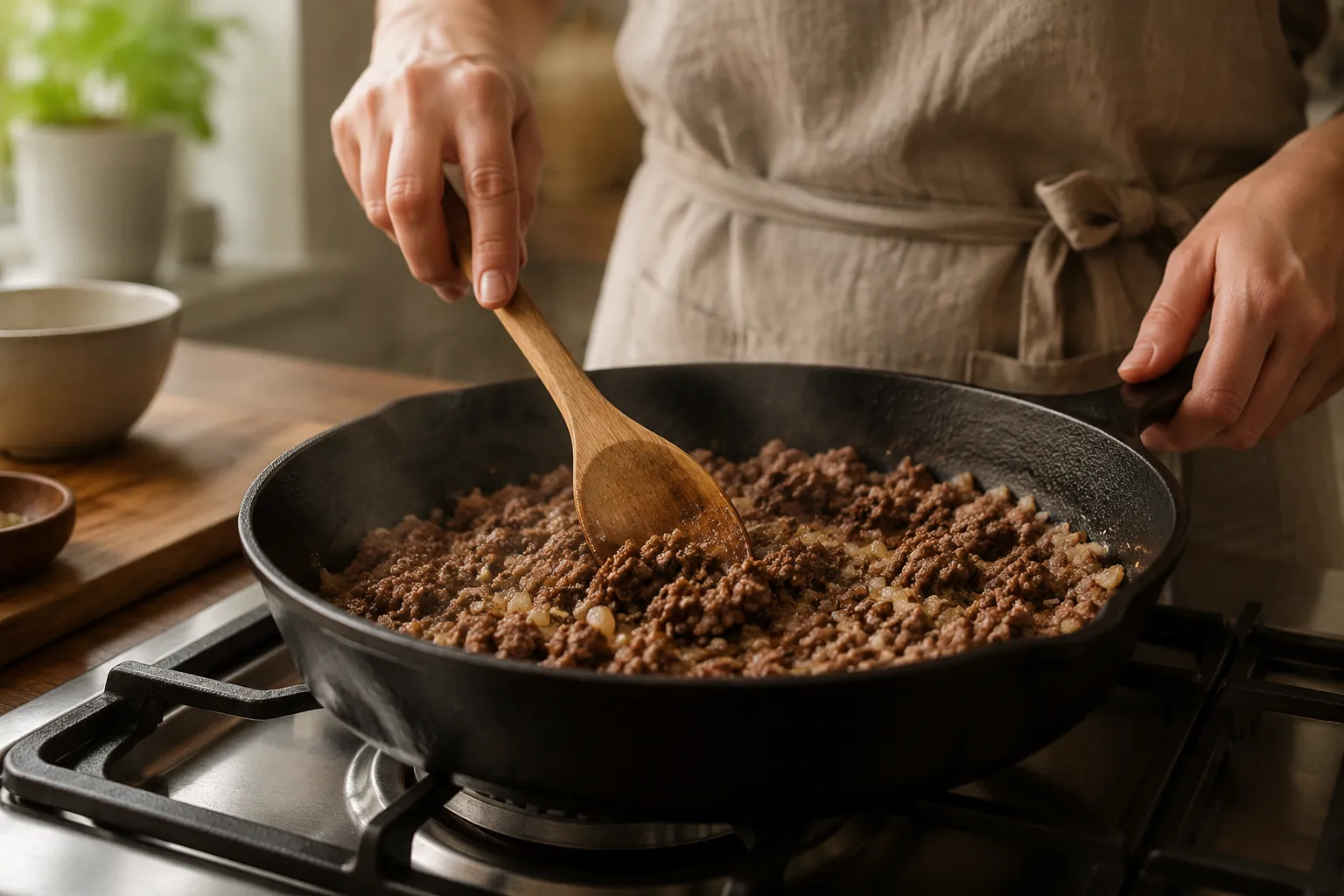 Browning ground beef and onions for tater tot casserole with ground beef in a cast iron skillet.
