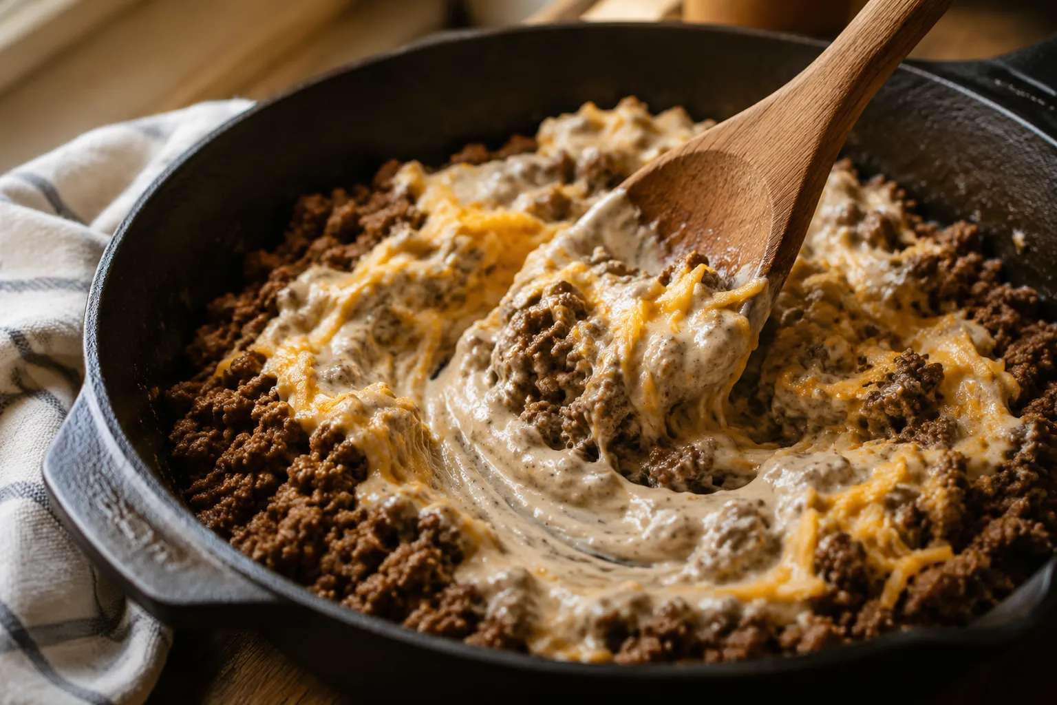 Stirring creamy filling into ground beef for an easy tater tot casserole.