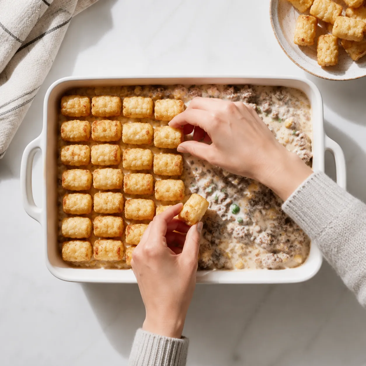 Arranging frozen tater tots over beef filling for a recipe for tater tot casserole.