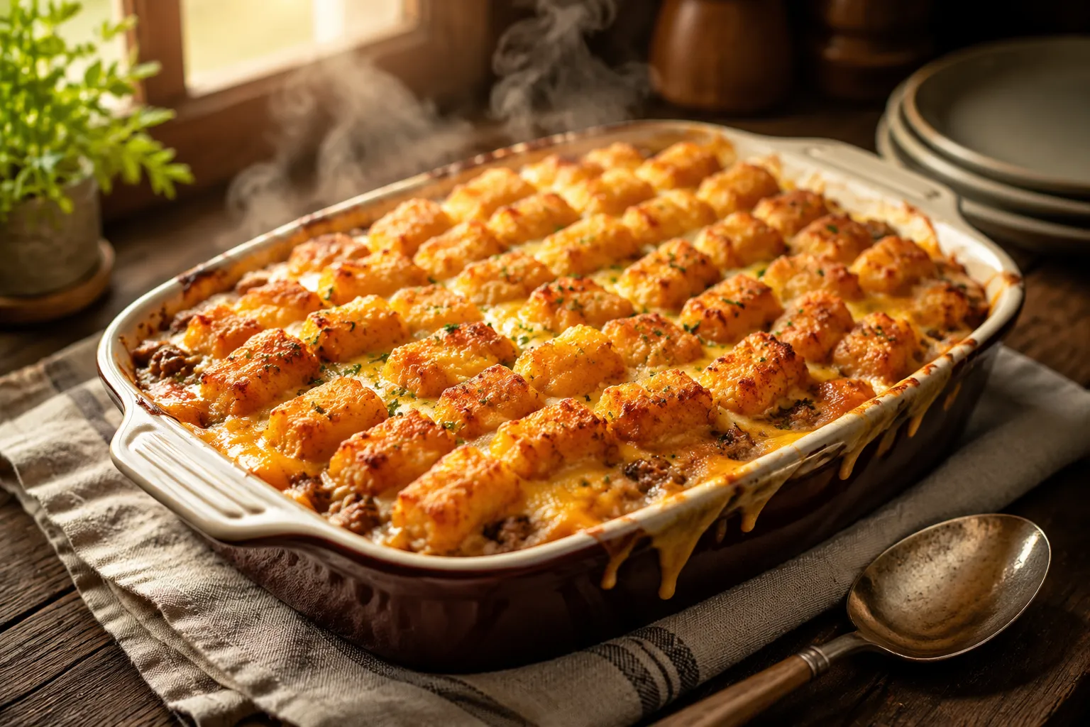 Finished casserole tater tot casserole with crispy golden tots and bubbling cheese.
