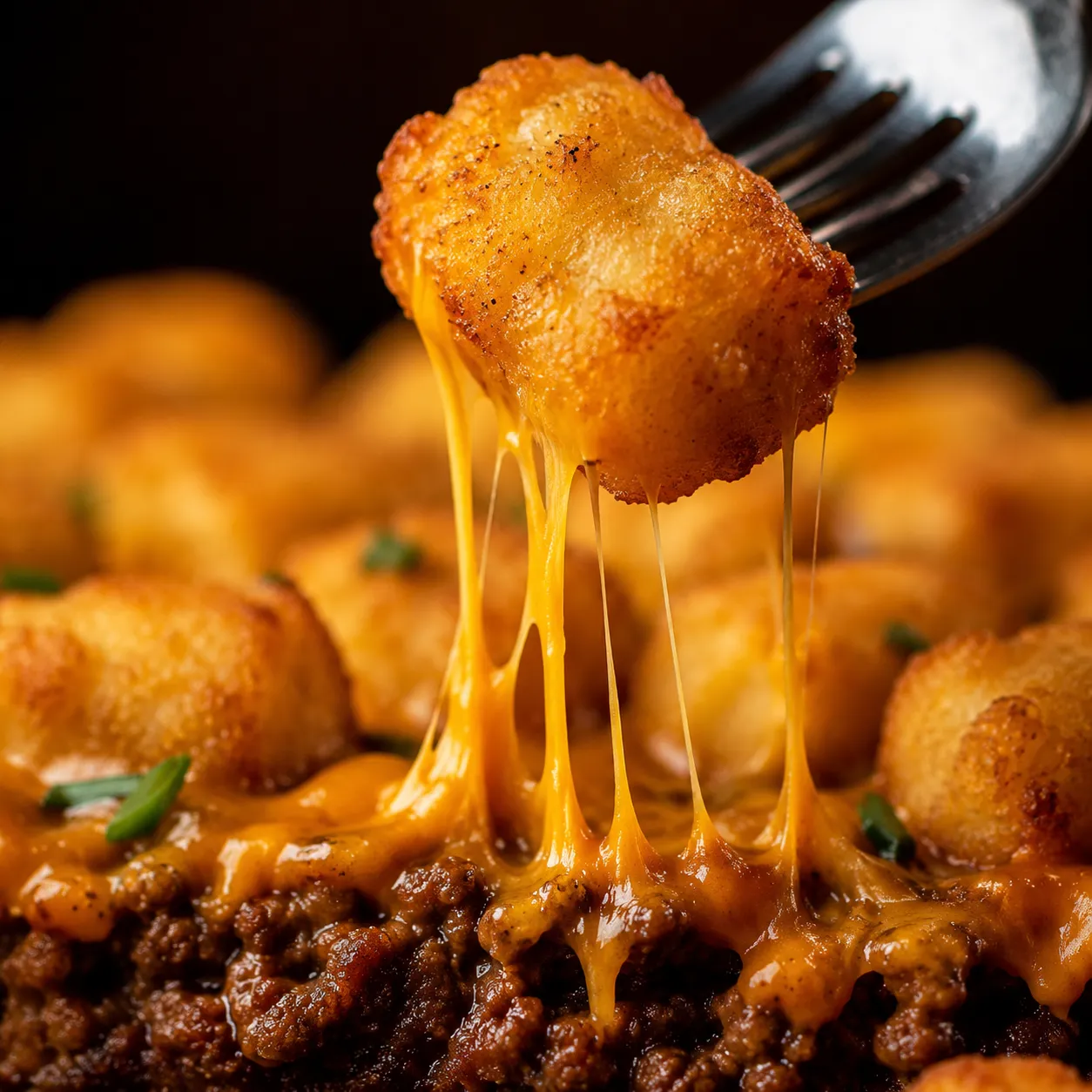 Close-up of a crispy tater tot with melted cheese stretching from the casserole.