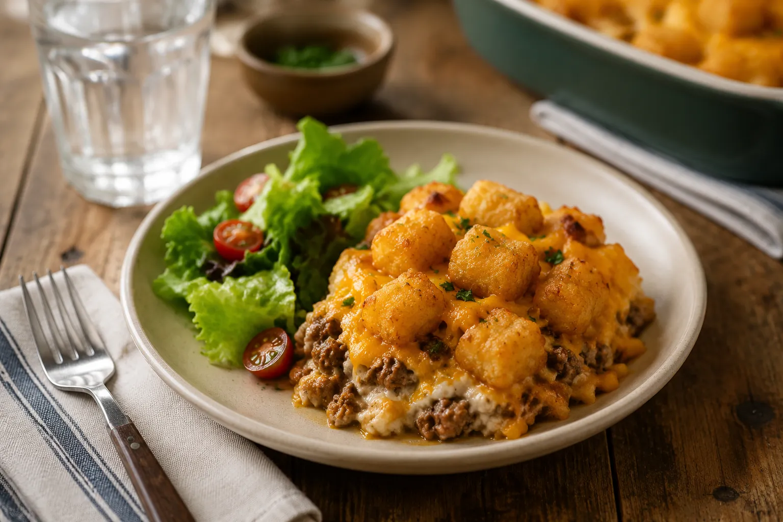 Serving of easy tater tot casserole plated with a fresh green salad.