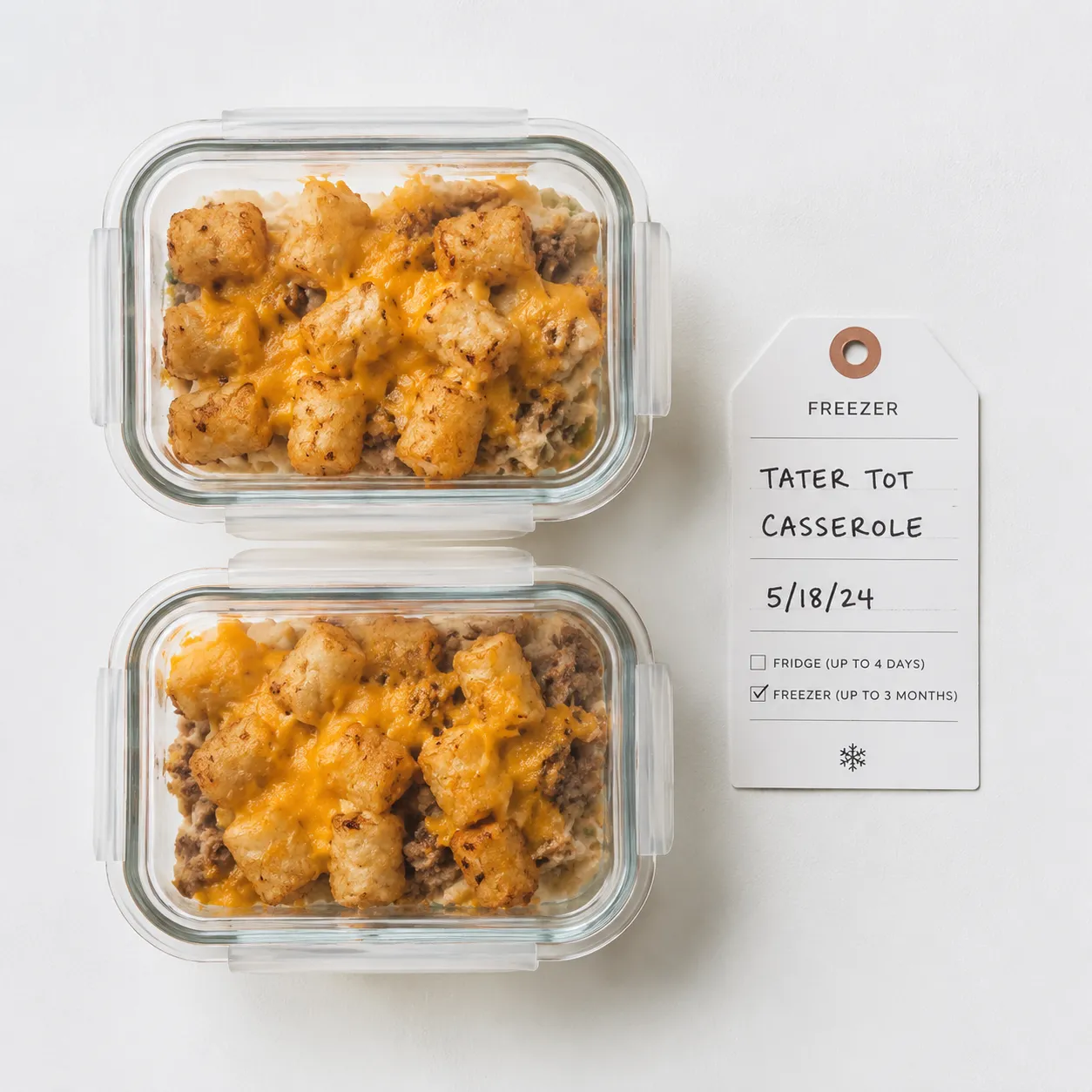Leftover hamburger tater tot casserole stored in glass meal-prep containers.