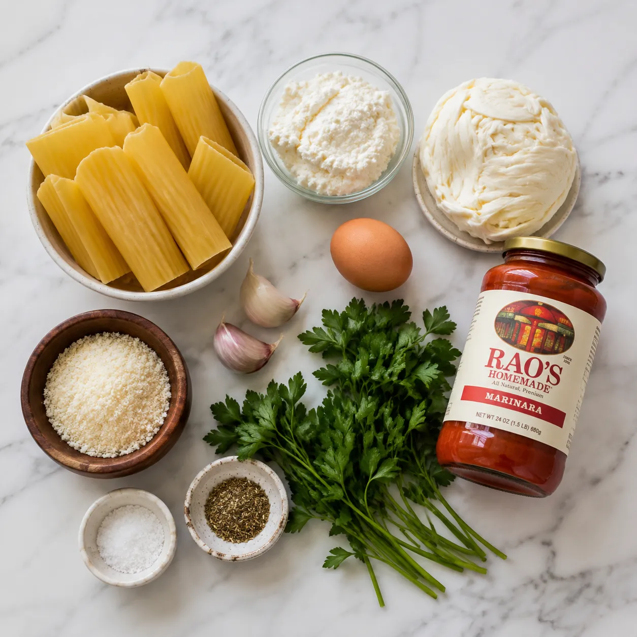 Manicotti recipe ingredients flatlay with ricotta, mozzarella, pasta shells, and marinara