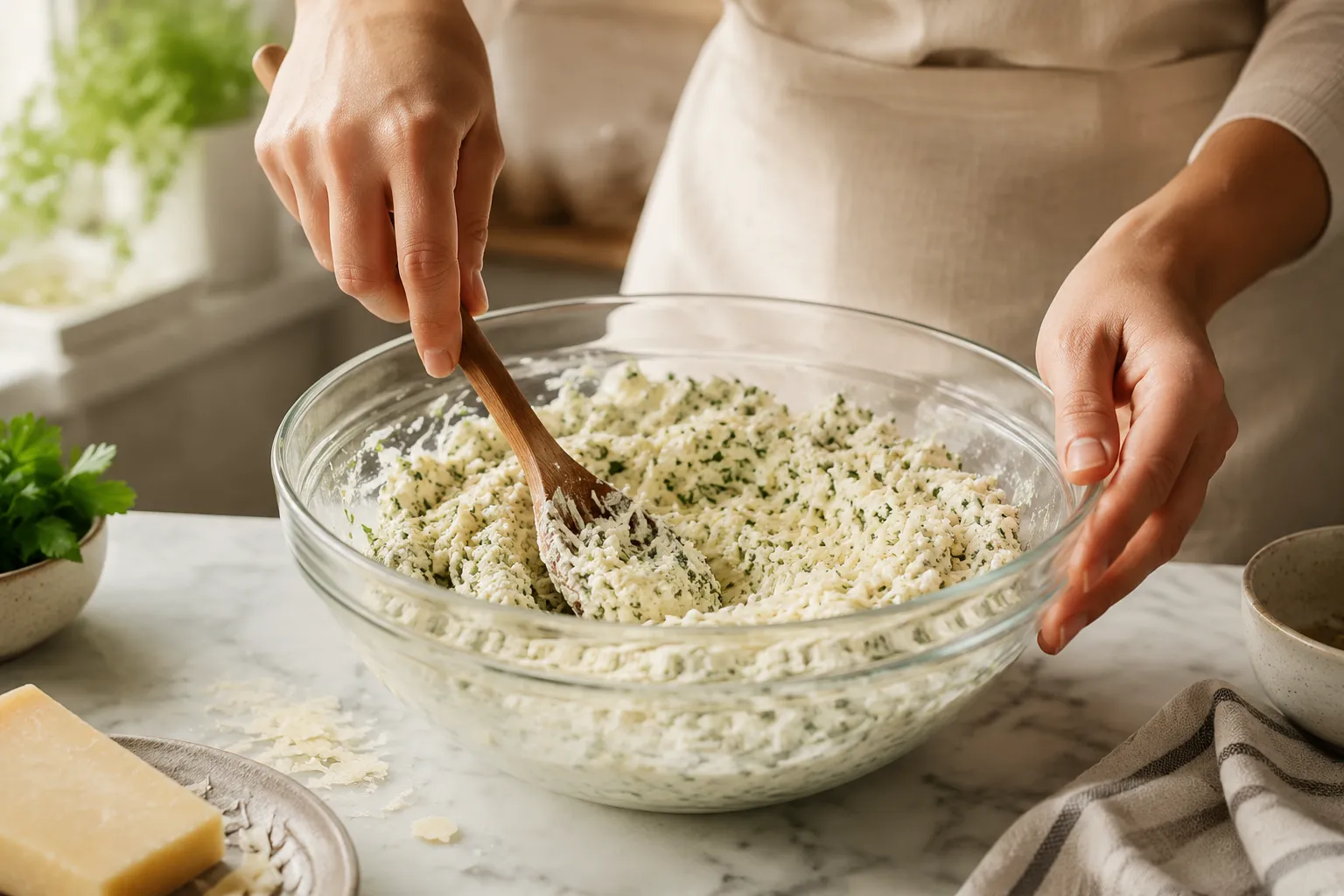 Mixing three-cheese ricotta filling for manicotti in a glass bowl