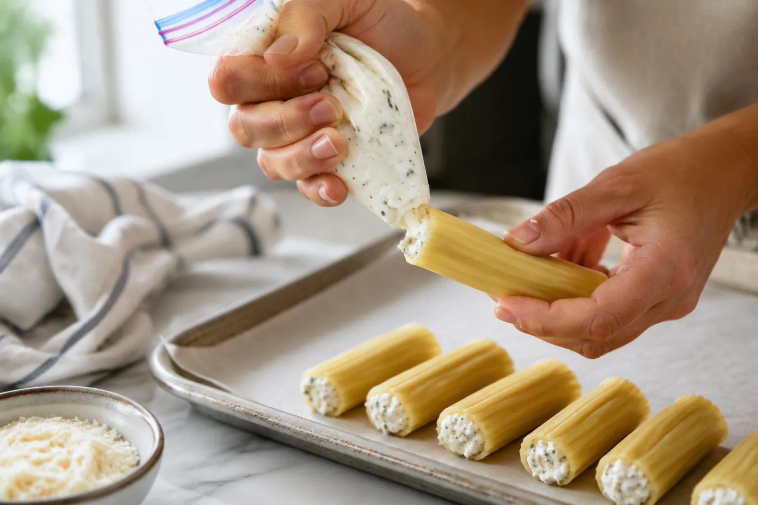 Piping ricotta filling into manicotti pasta shells with a zip-top bag