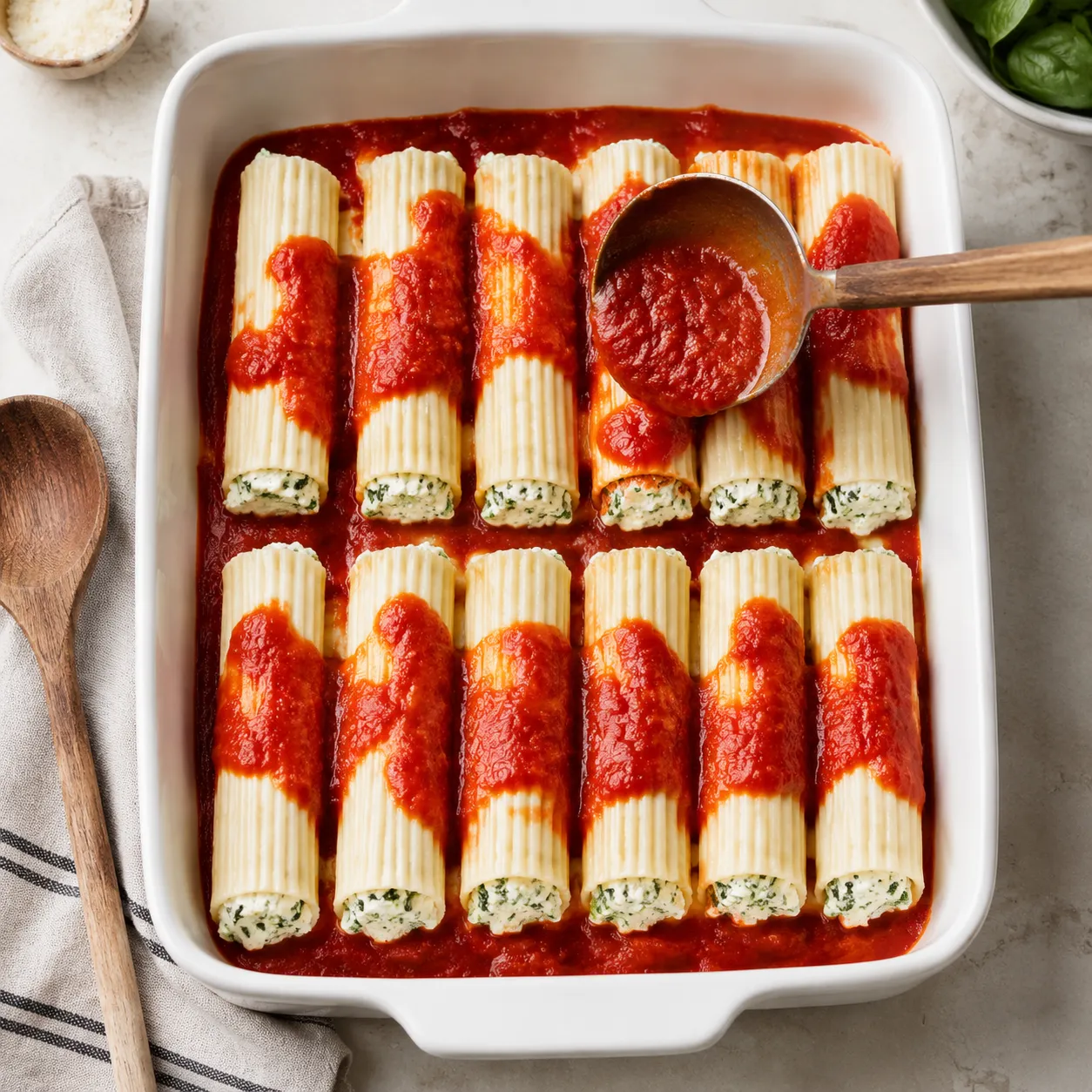 Assembled manicotti pasta in baking dish topped with marinara before baking