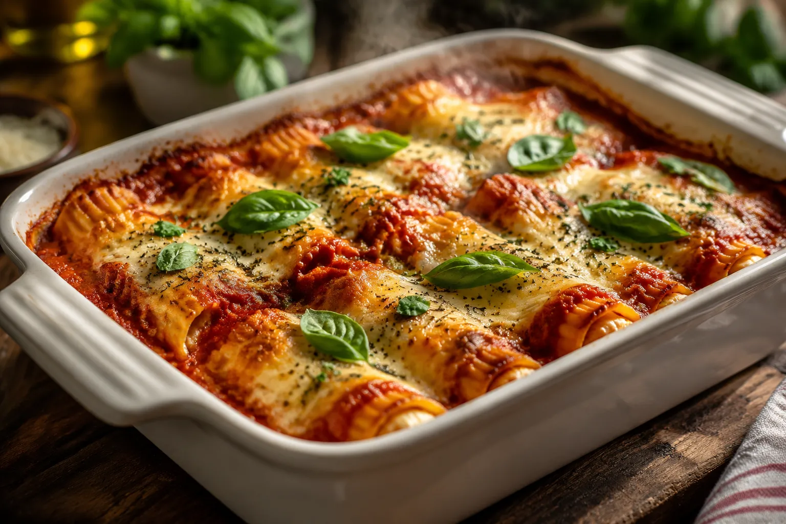 Baked manicotti recipe topped with golden cheese and fresh basil