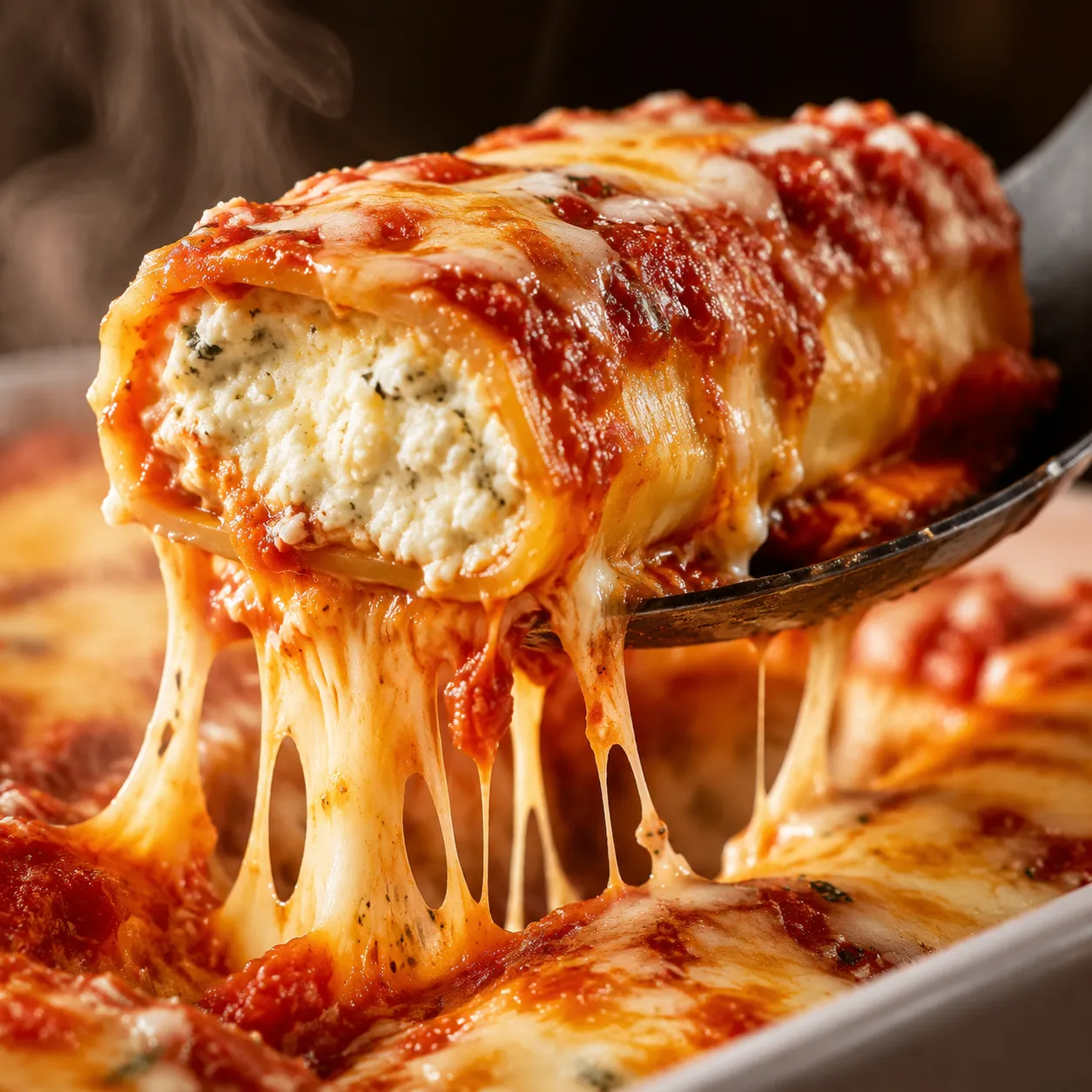 Cheese pull close-up of manicotti pasta with ricotta filling and marinara
