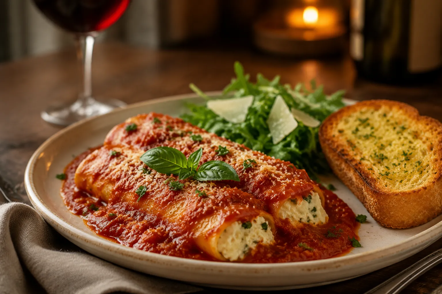 Manicotti served with salad and garlic bread for an Italian dinner