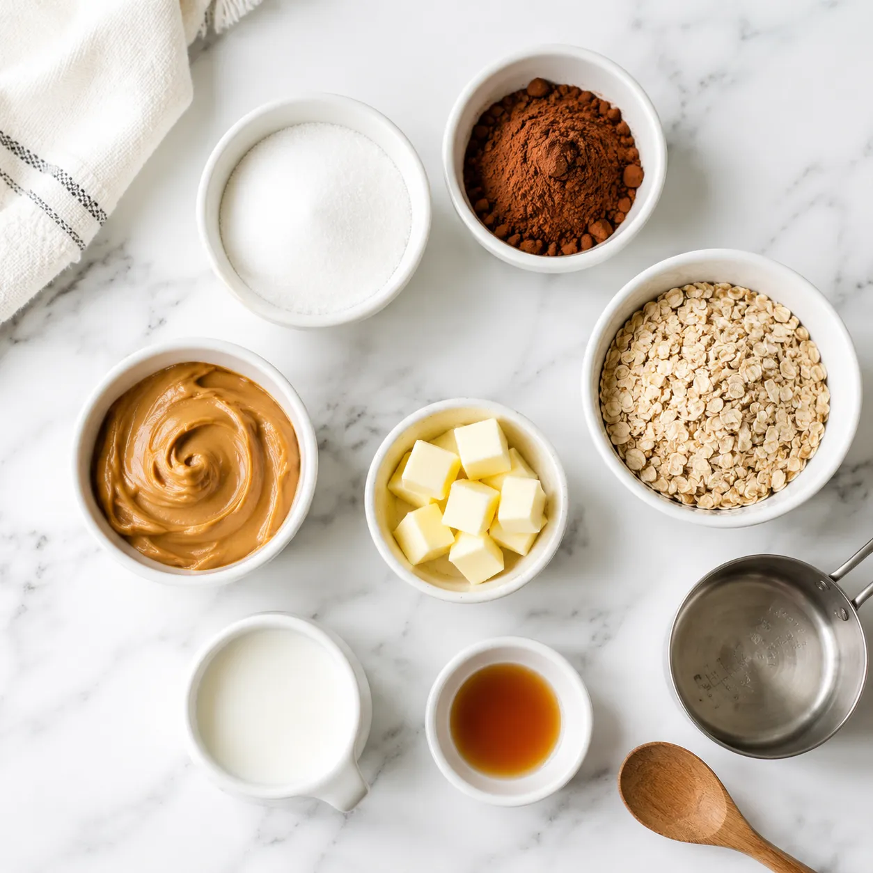 No bake cookie recipe ingredients flatlay with oats cocoa peanut butter and sugar