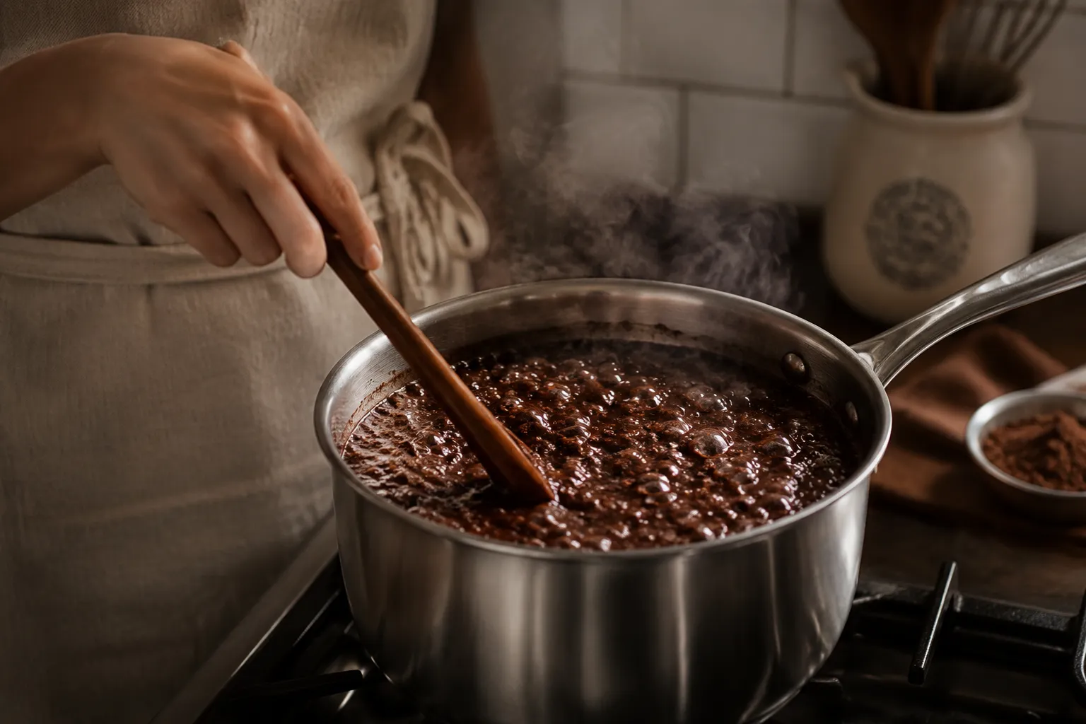 Boiling chocolate sugar mixture for no bake cookies in a saucepan