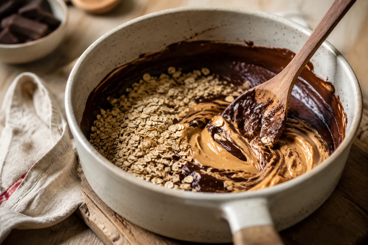Stirring oats and peanut butter into no bake chocolate oatmeal cookie batter