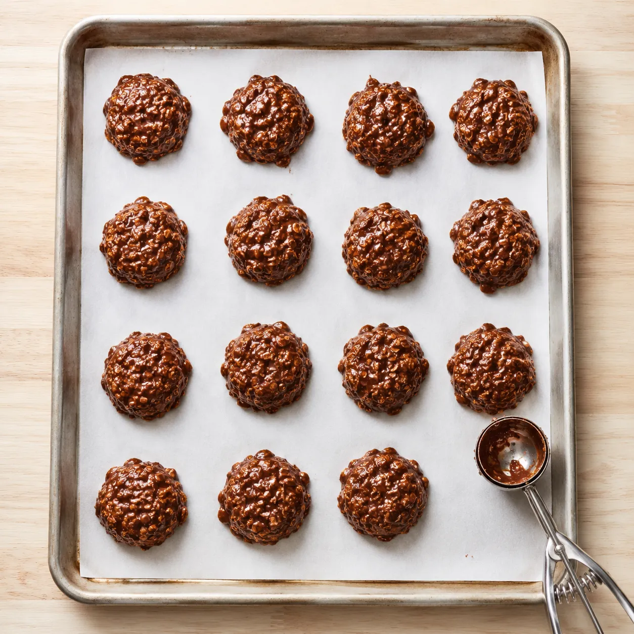 Dropping no bake peanut butter cookies onto parchment paper to set