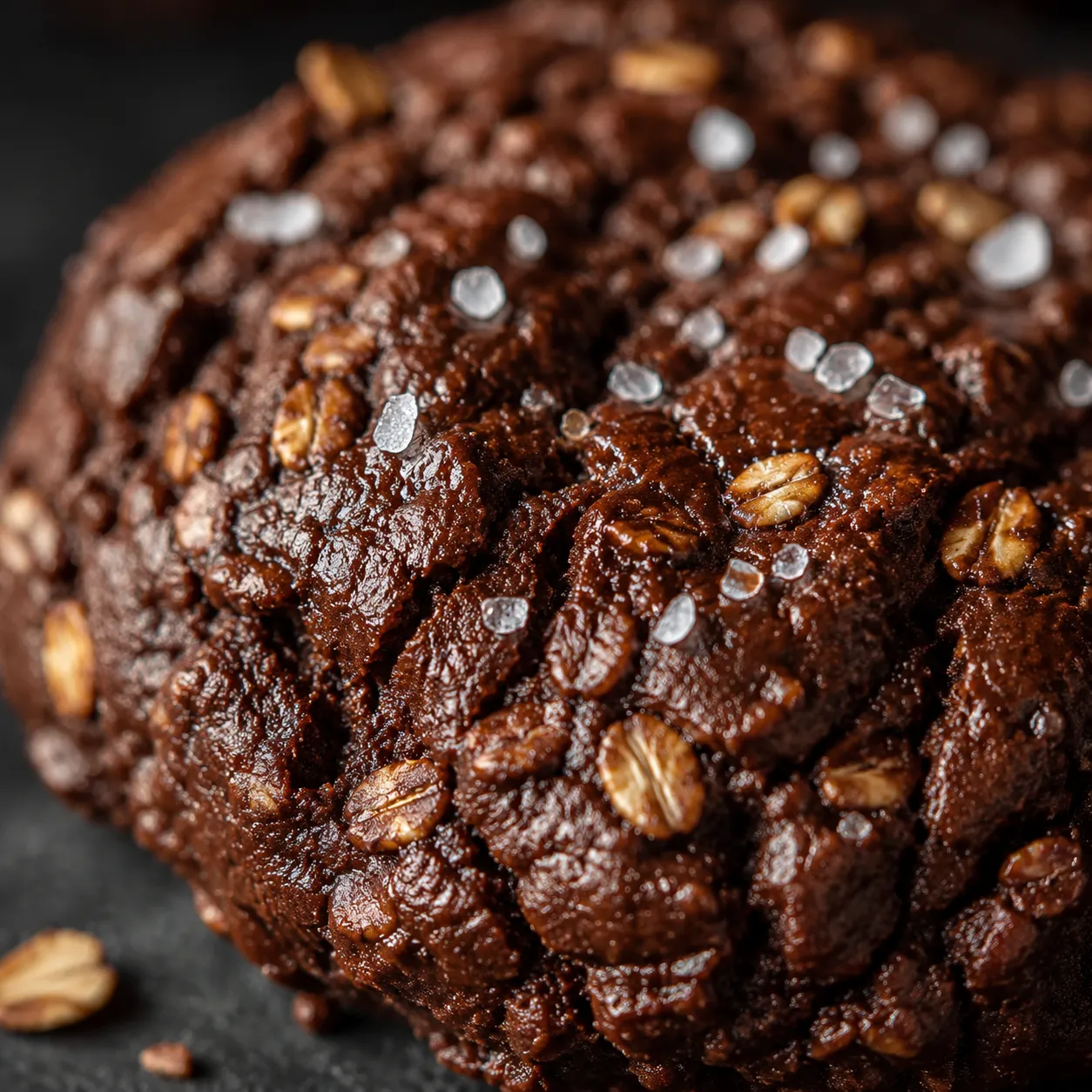 Macro close up of fudgy no bake chocolate oatmeal cookie texture