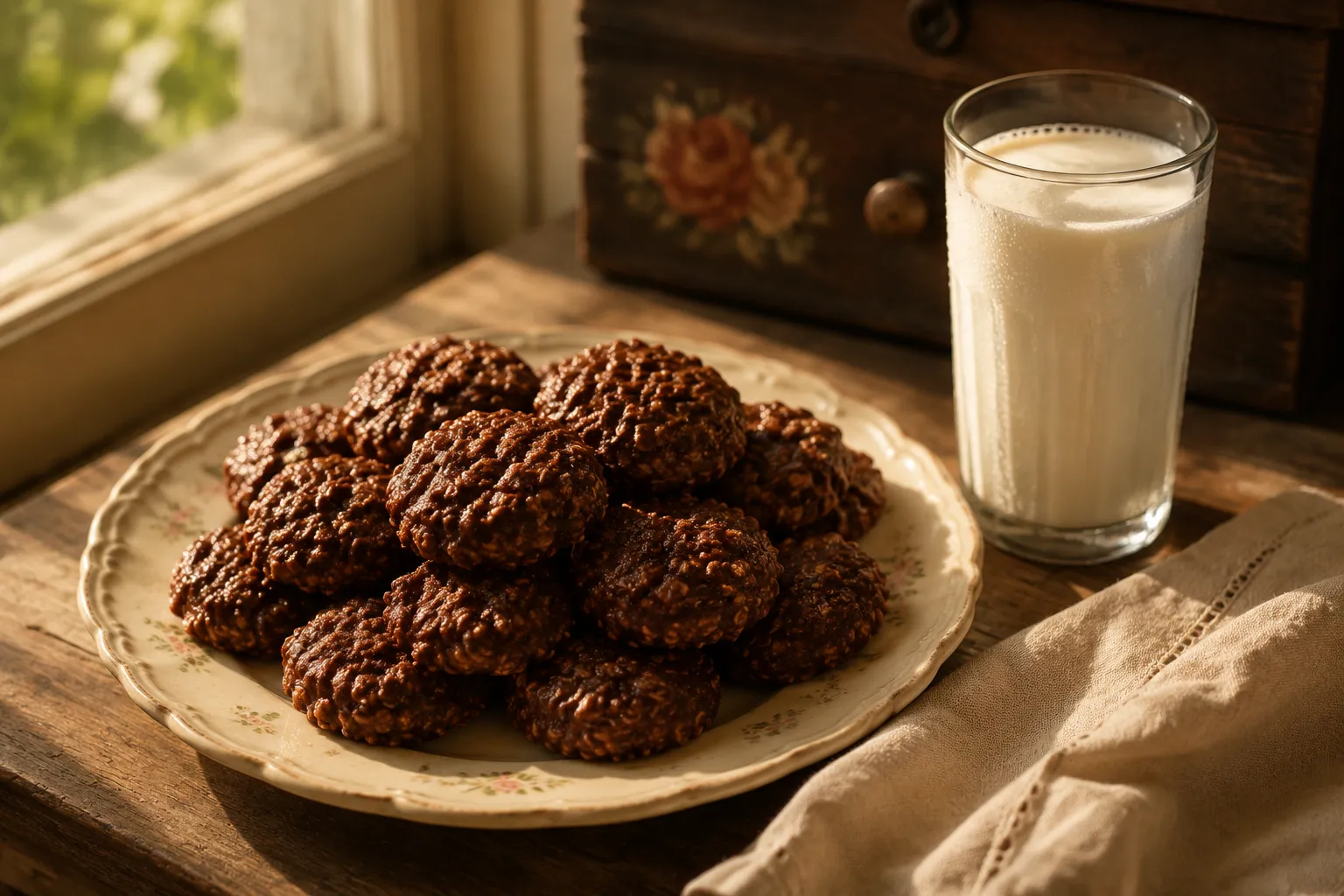 Plate of no bake cookies served with a cold glass of milk