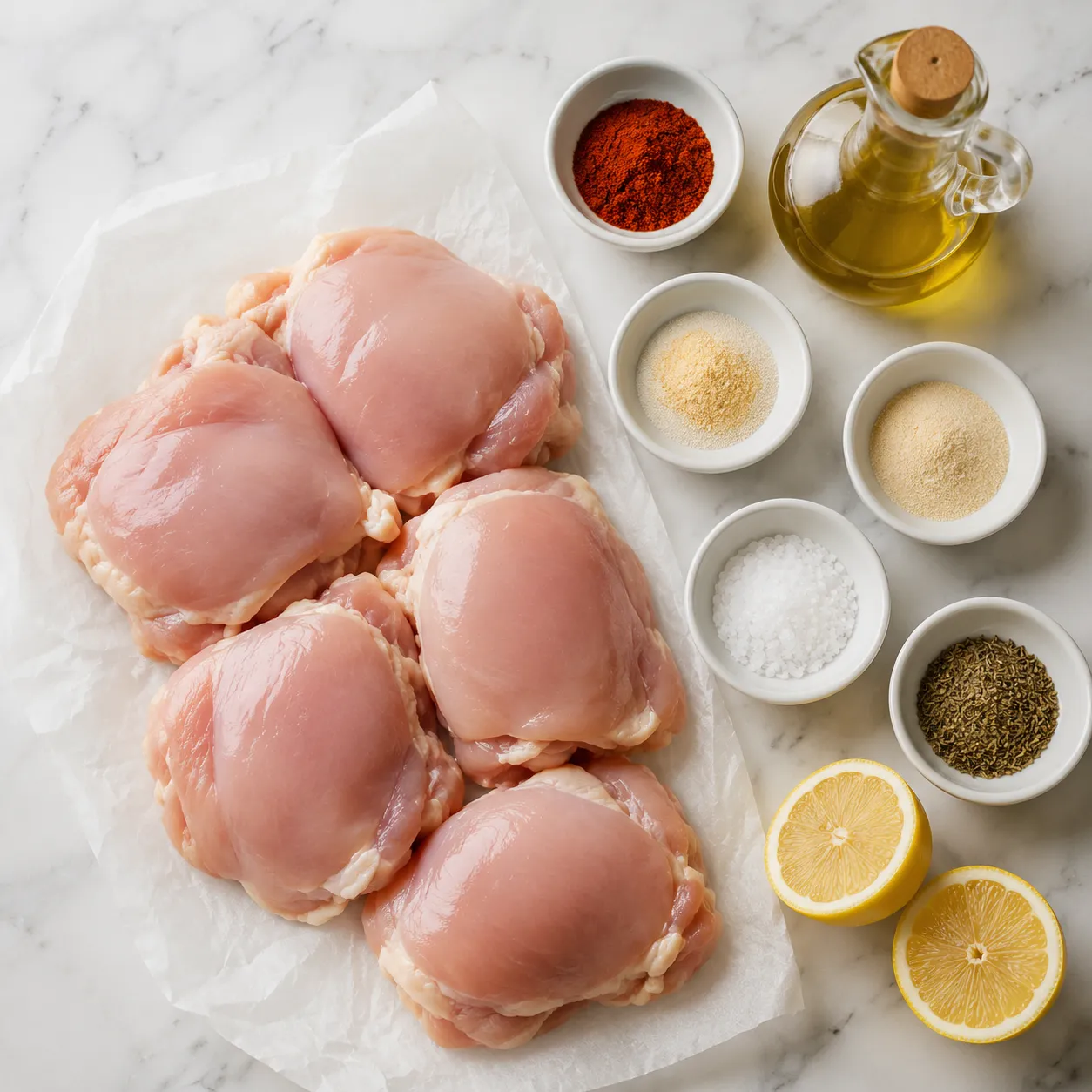 Ingredients for boneless skinless chicken thighs recipe in bowls overhead flatlay