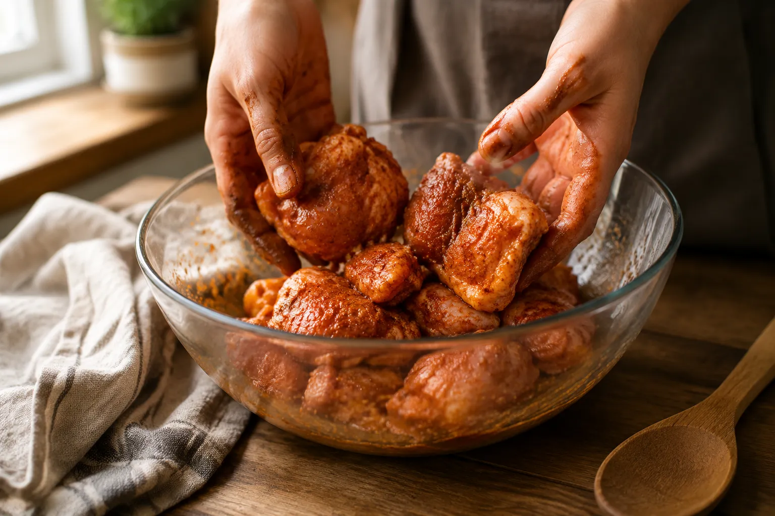 Seasoning boneless chicken thighs with smoked paprika spice rub before baking