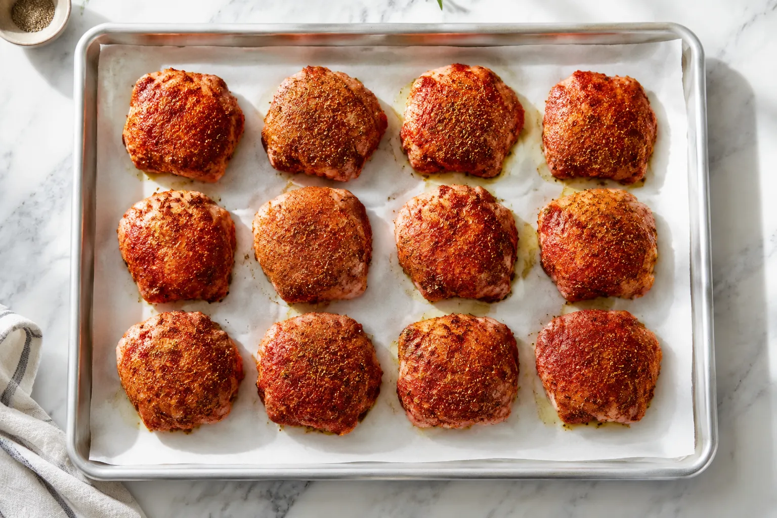 Boneless skinless chicken thighs in oven on a parchment-lined sheet pan ready to bake