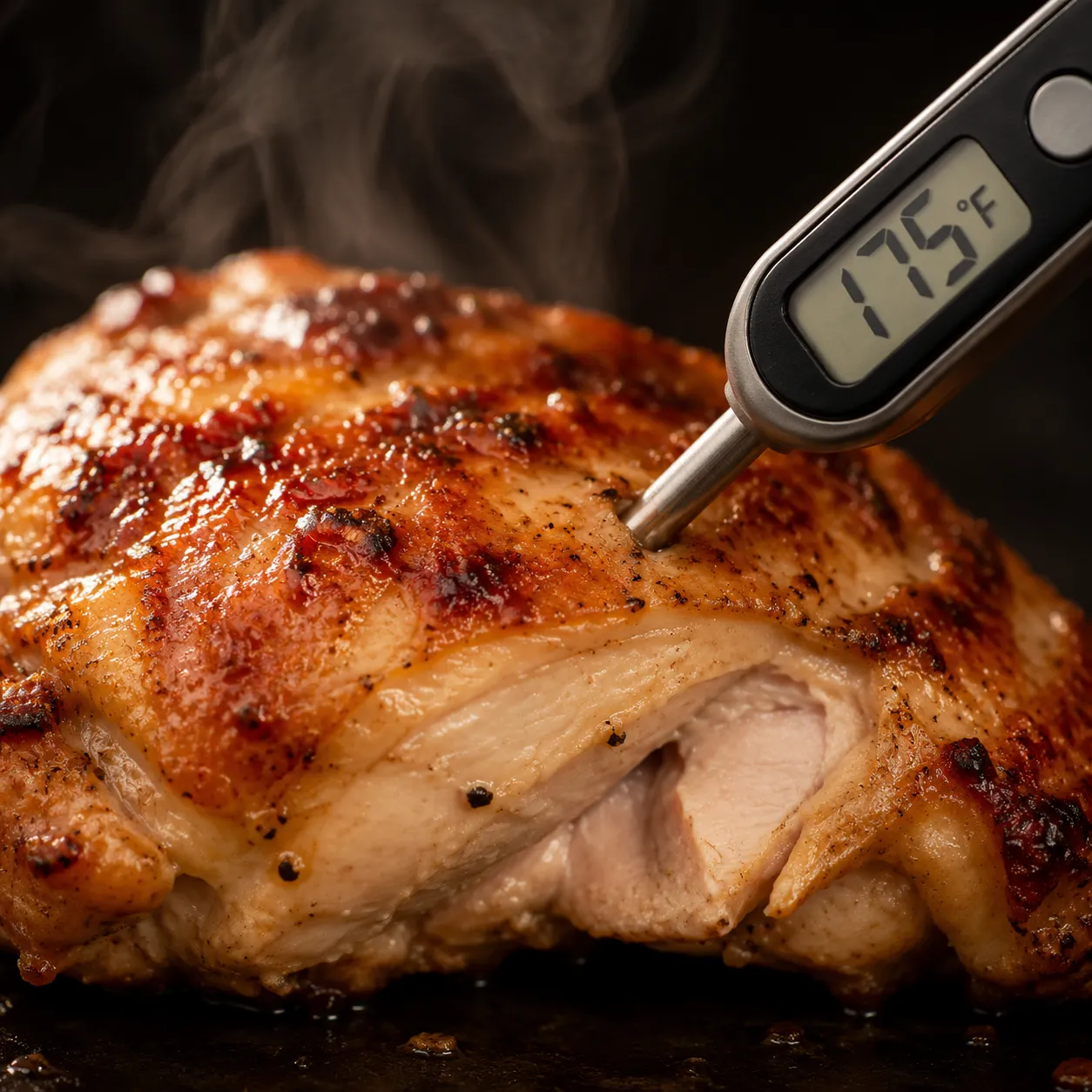 Checking internal temperature of baked boneless chicken thigh with a meat thermometer