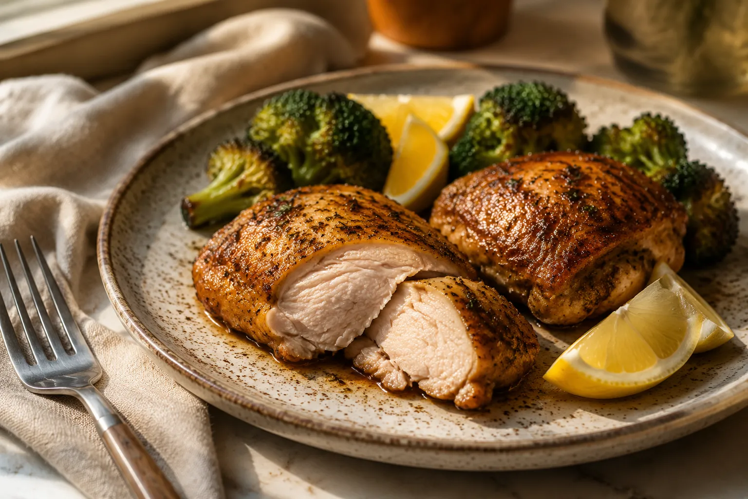 Baked boneless chicken thighs sliced open showing juicy interior on a dinner plate