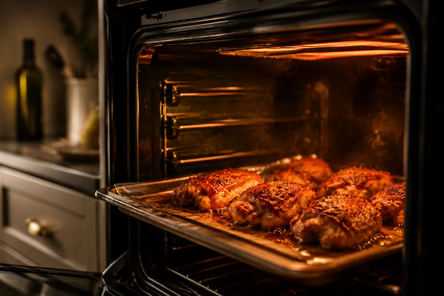 Boneless chicken thighs broiling in the oven for crispy golden edges