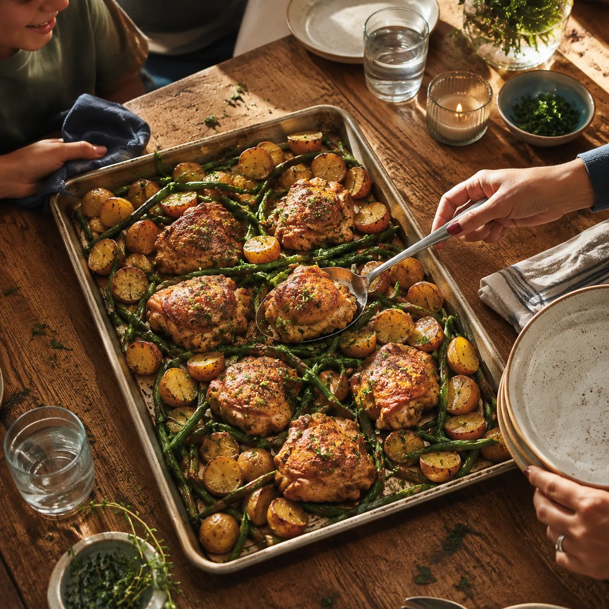 Boneless chicken thigh recipes served family-style sheet pan dinner with potatoes