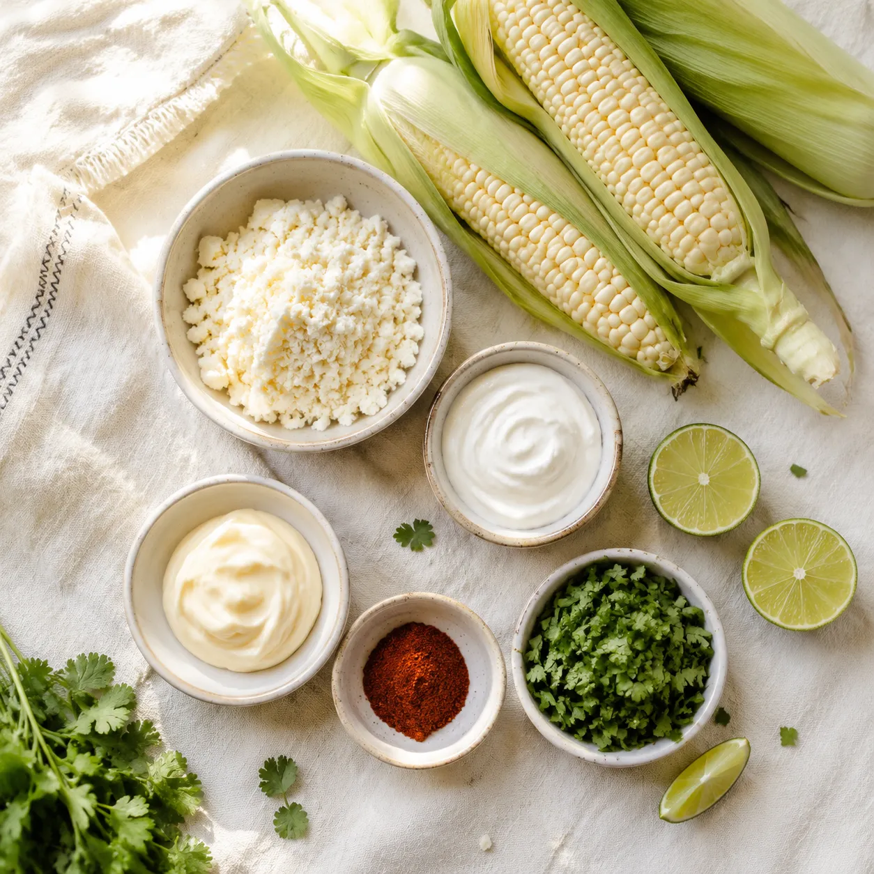 Cotija cheese recipe ingredients flatlay with corn, crema, lime, and chili powder