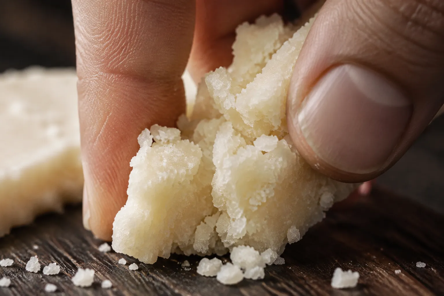 Close-up of aged cotija cheese showing its crumbly, dry texture