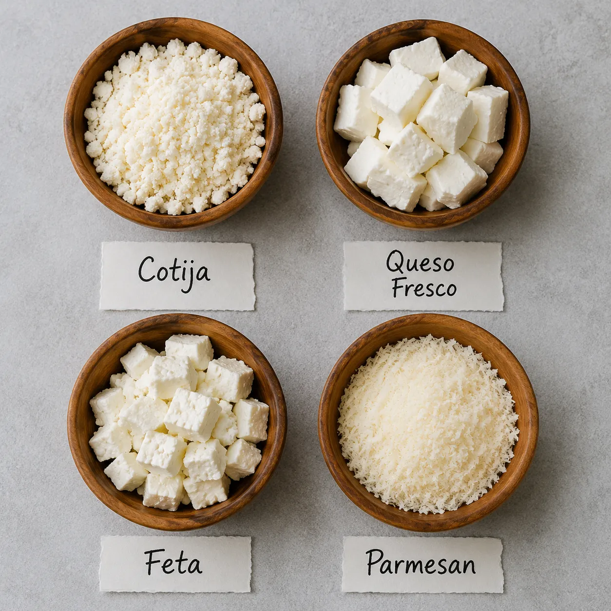 Cotija cheese substitutes compared: queso fresco, feta, and Parmesan