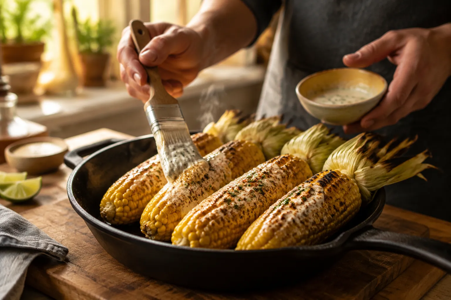 Brushing grilled corn with crema before adding cotija cheese