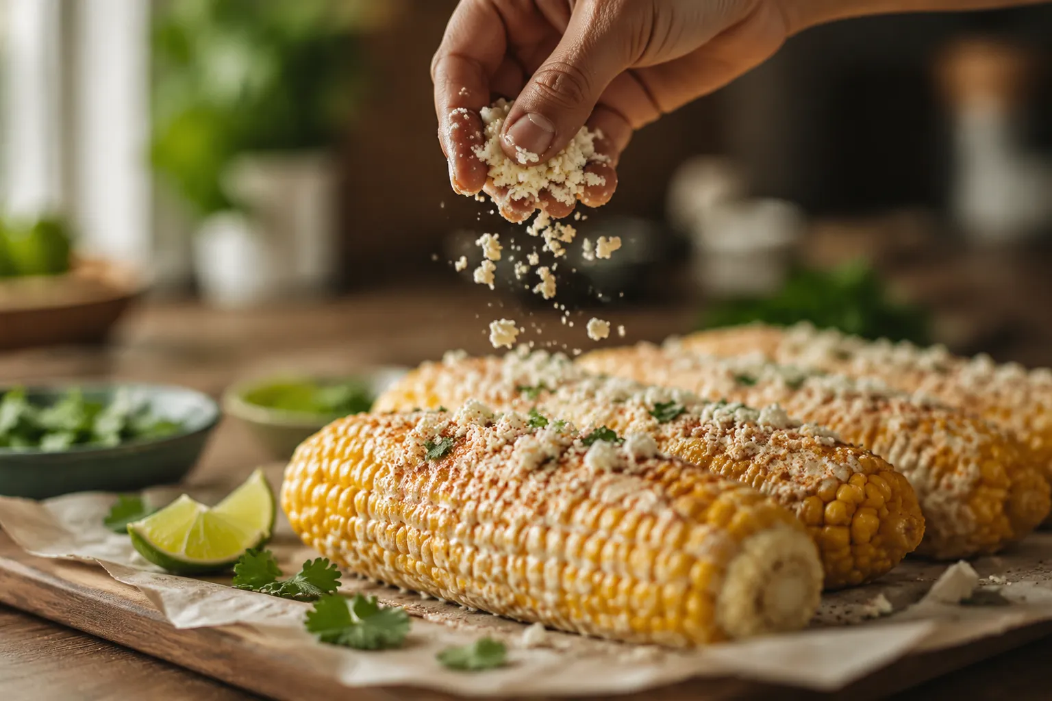 Sprinkling crumbled cotija cheese over Mexican street corn
