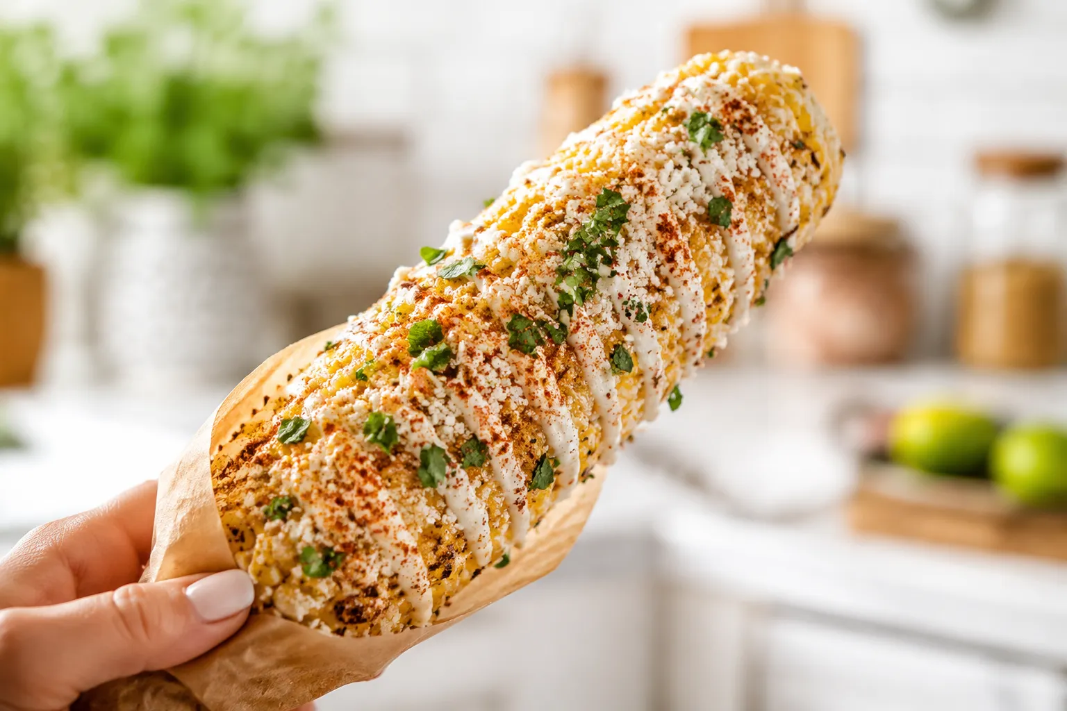 Finished cotija cheese street corn held up, ready to eat