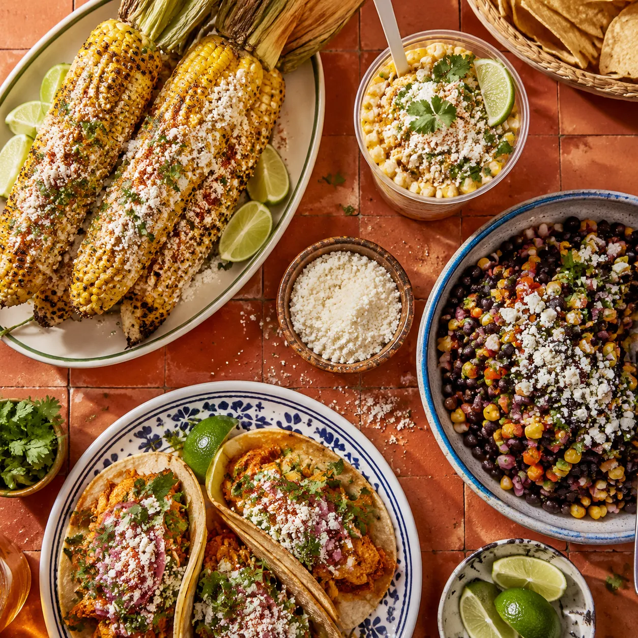 Cotija recipes spread including elote, esquites, salad, and tacos