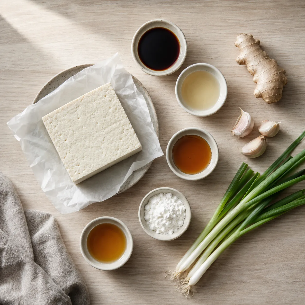 Tofu recipes ingredients flatlay with soy sauce, ginger, garlic, and scallions