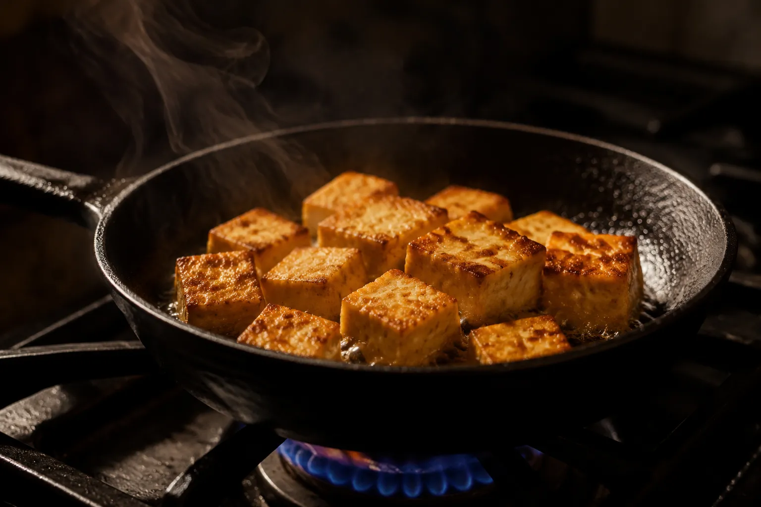 Pan-frying crispy tofu cubes for an easy tofu recipe