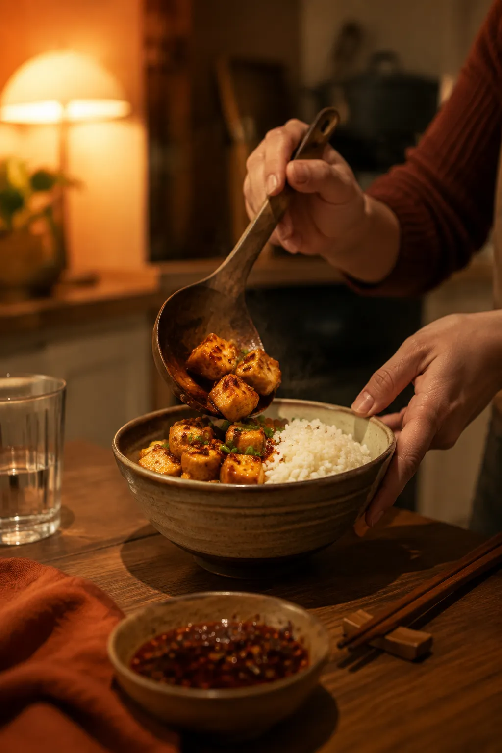 Serving an easy tofu dinner recipe over rice