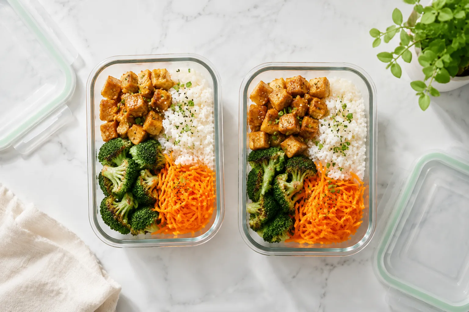 Healthy tofu recipes meal prep in glass containers