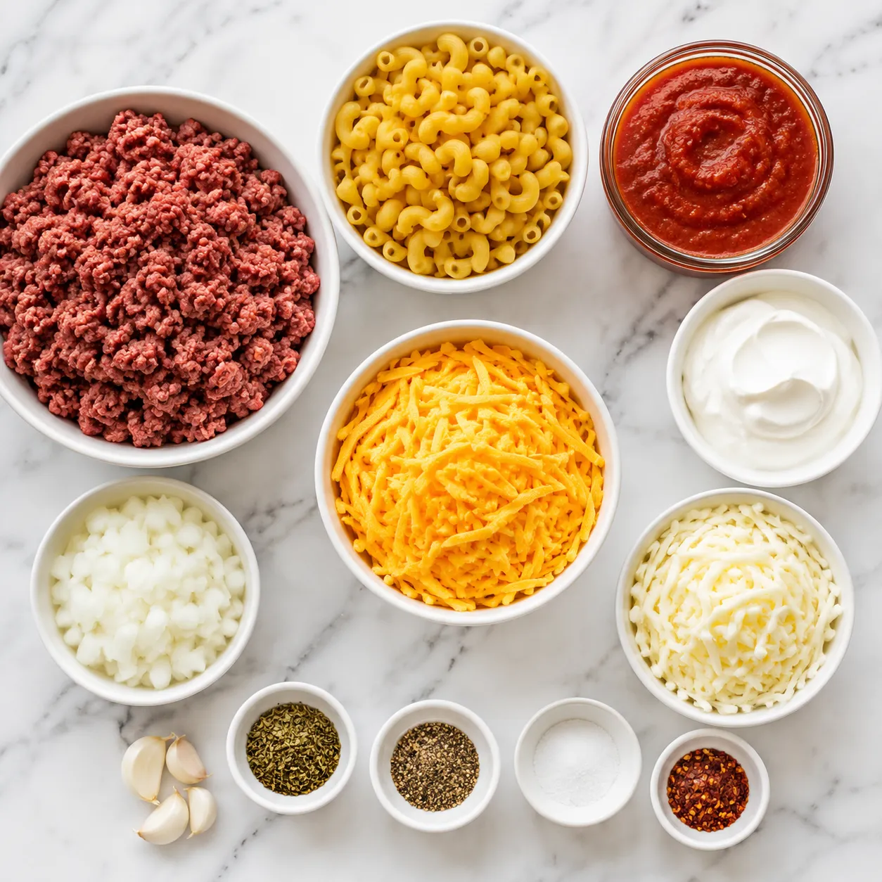 Casserole recipe ingredients flatlay with ground beef, pasta, cheese, and tomato sauce