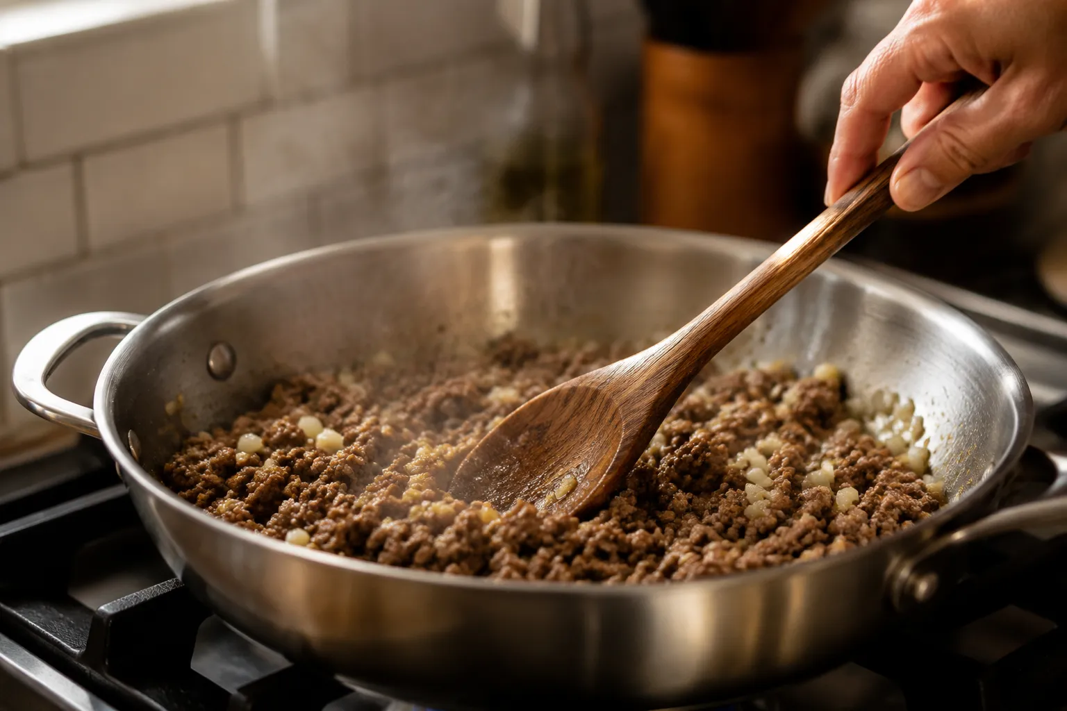 Browning ground beef and onions for an easy casserole recipe
