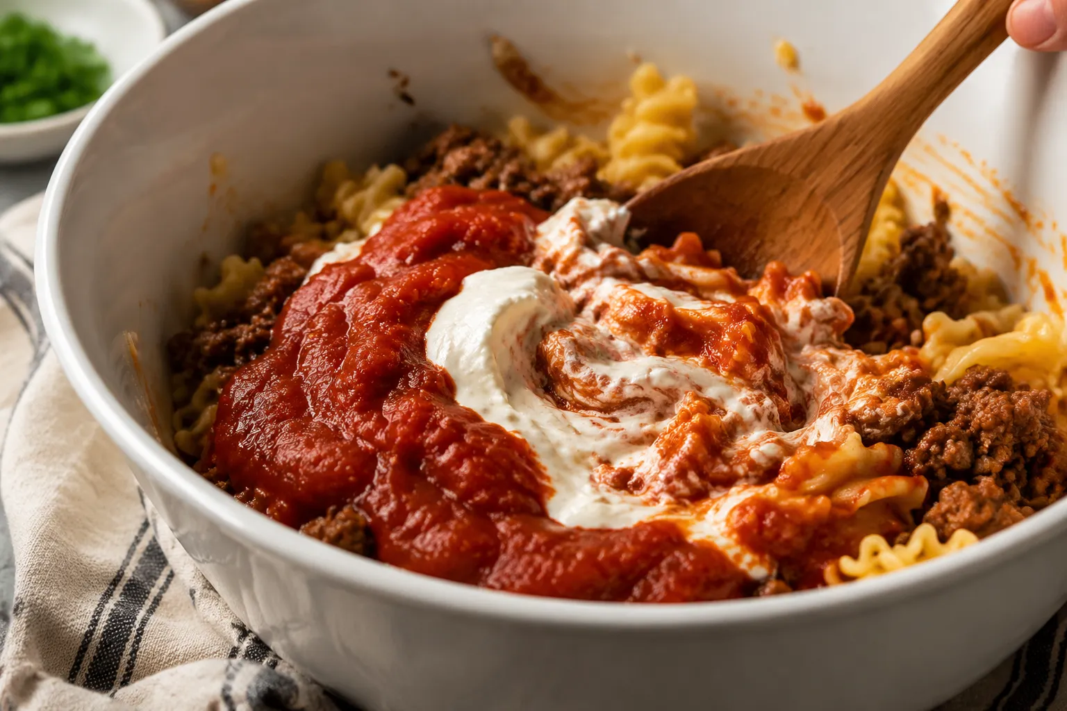 Mixing creamy tomato sauce with pasta and beef for a casserole