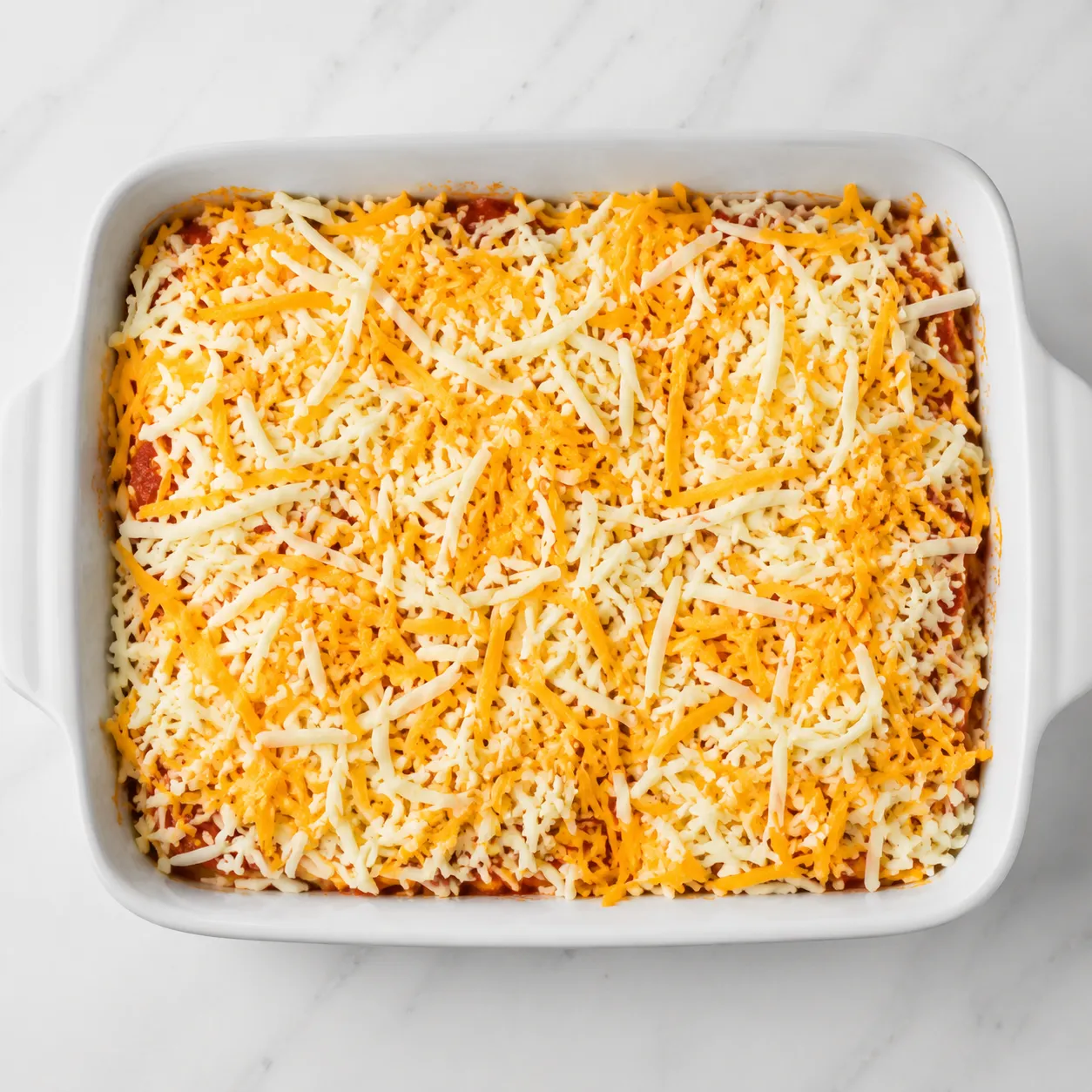 Assembled casserole topped with shredded cheese before baking