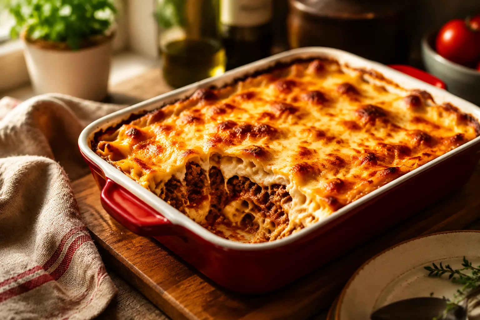 Finished casserole recipe with cheesy layers and golden top